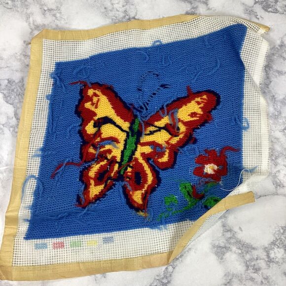 Vtg Butterfly Needlepoint Tapestry Panel Canvas Blue Red Yellow 9.25" x 8-3/4" - Picture 2 of 6